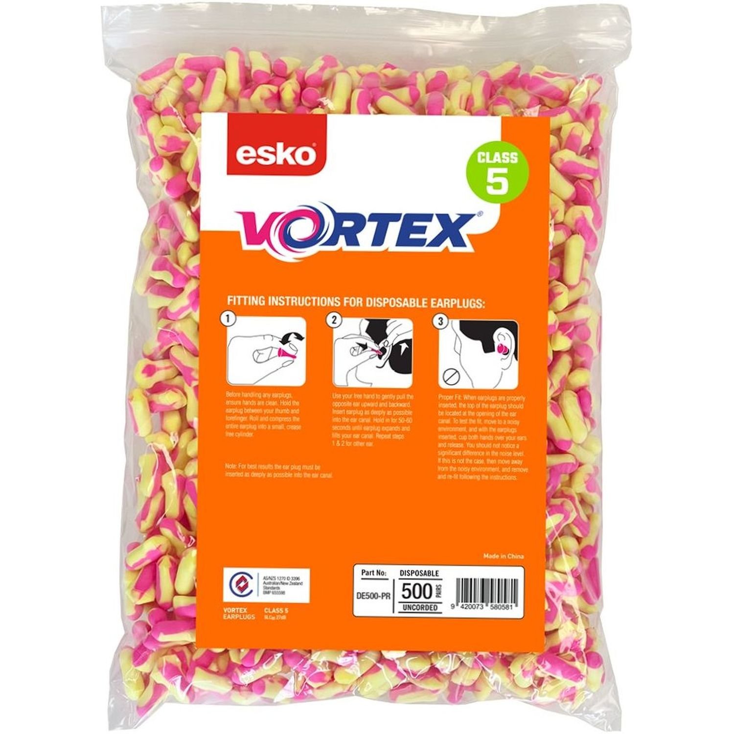 Esko Vortex T-Shaped Uncorded Earplug Bag 500 Pairs