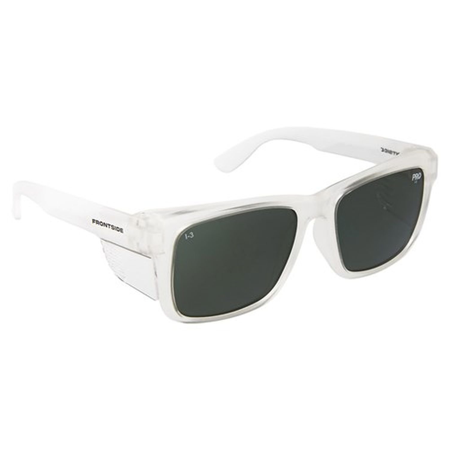 Frontside Polarised Safety Glasses Smoke Lens Clear Frame