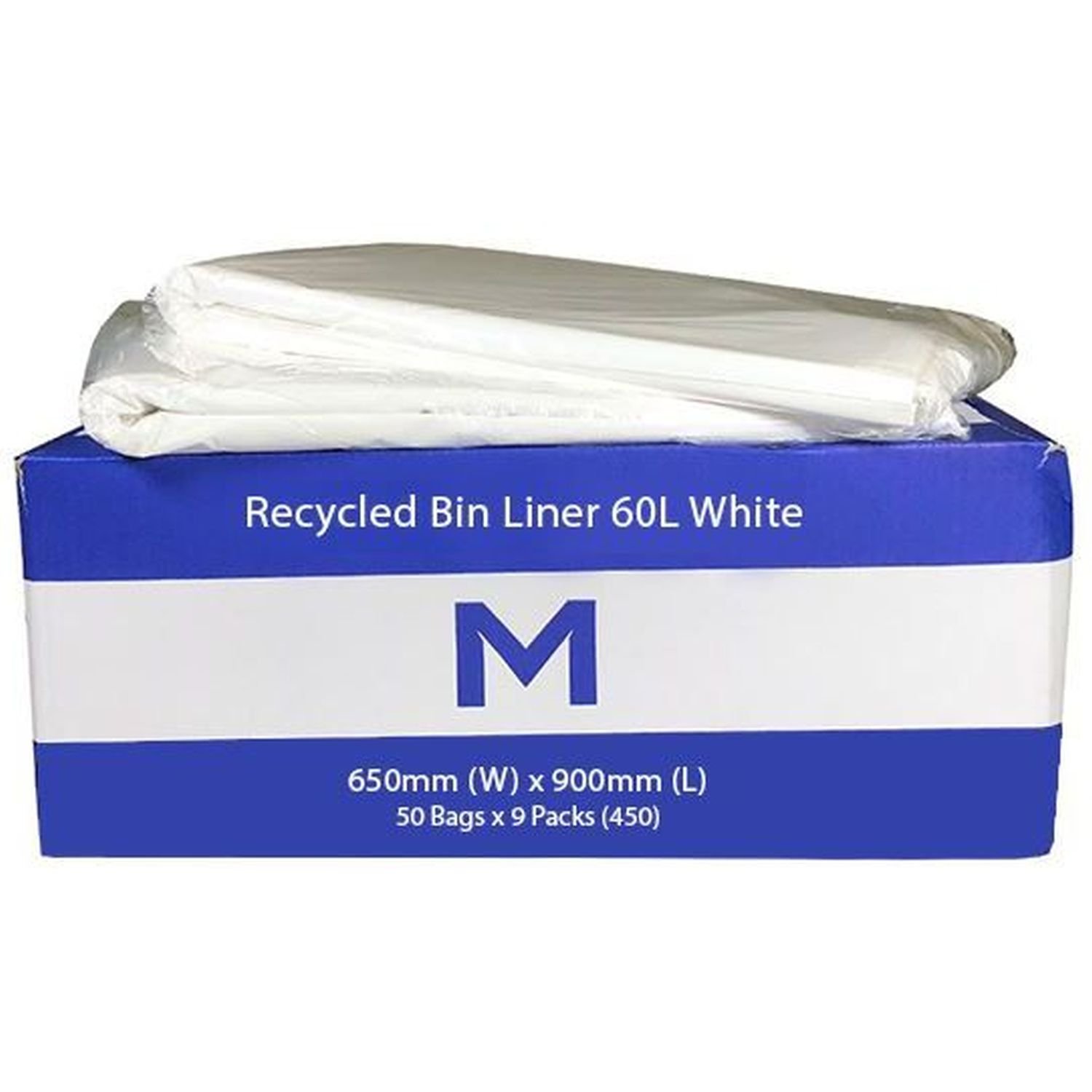 60L White Bin Liner Recycled 650 x 900mm 30mU  450/Ctn