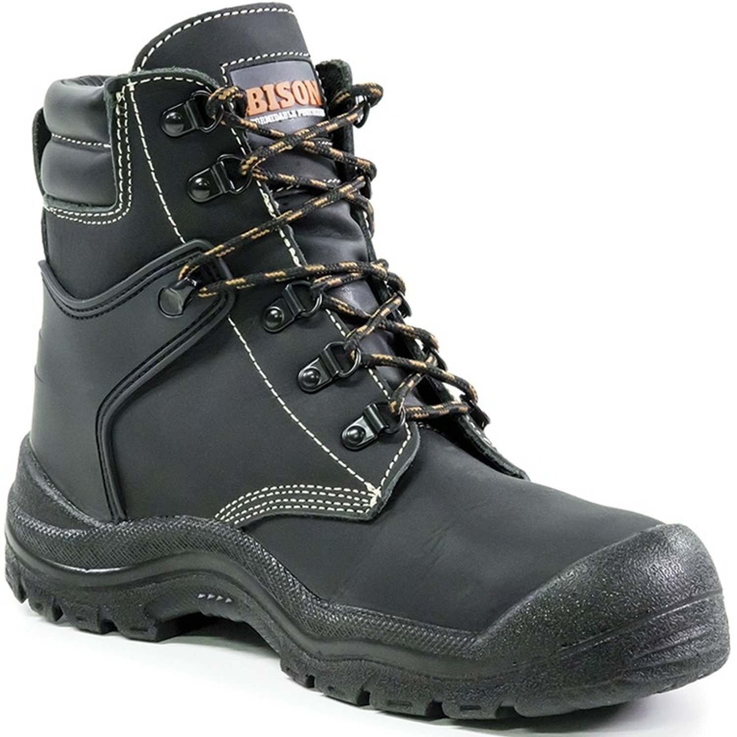 Bison Wolf Steel Toe Lace Up Safety Boot Scuff Cap Black