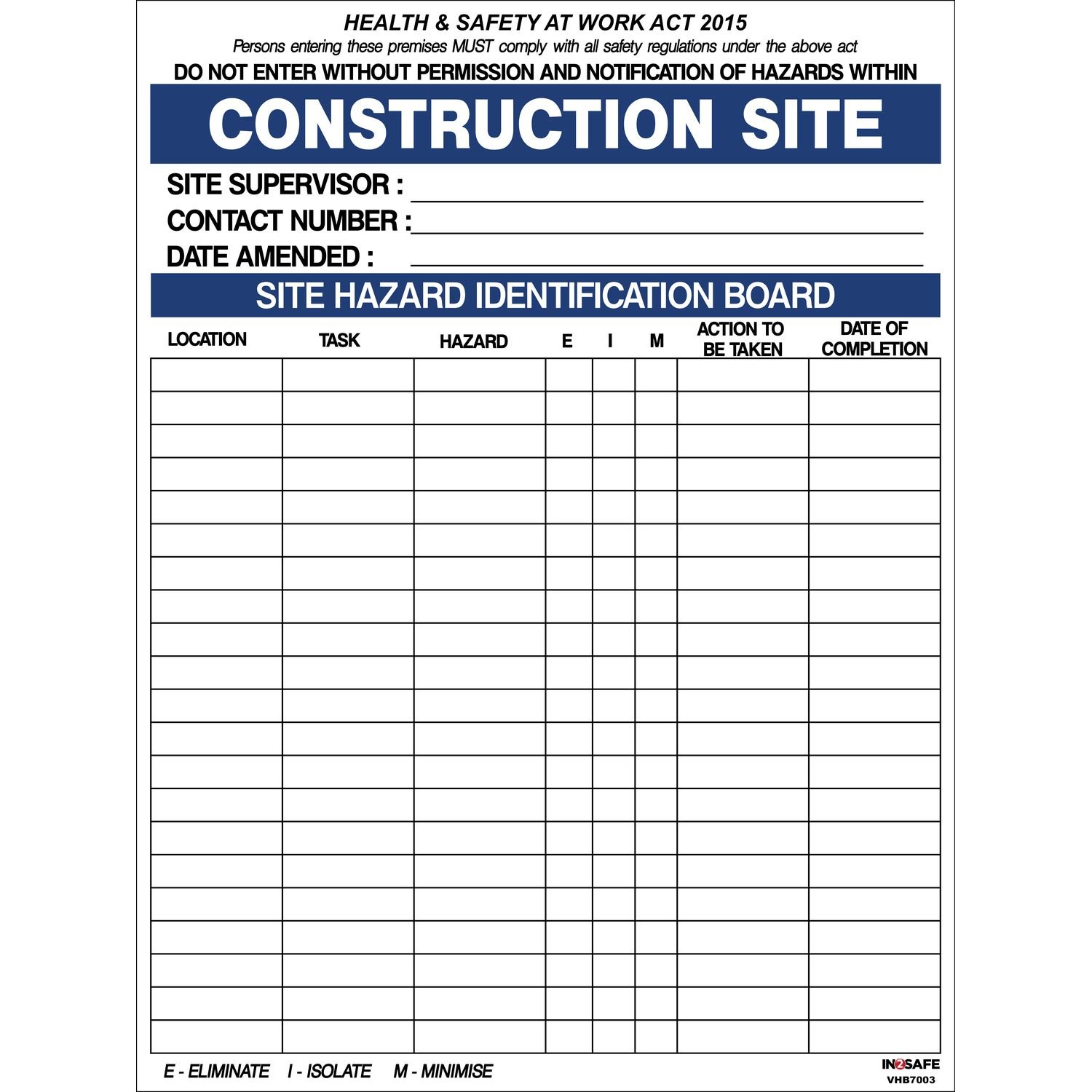 Construction Site Hazard Board ACM 600x800mm