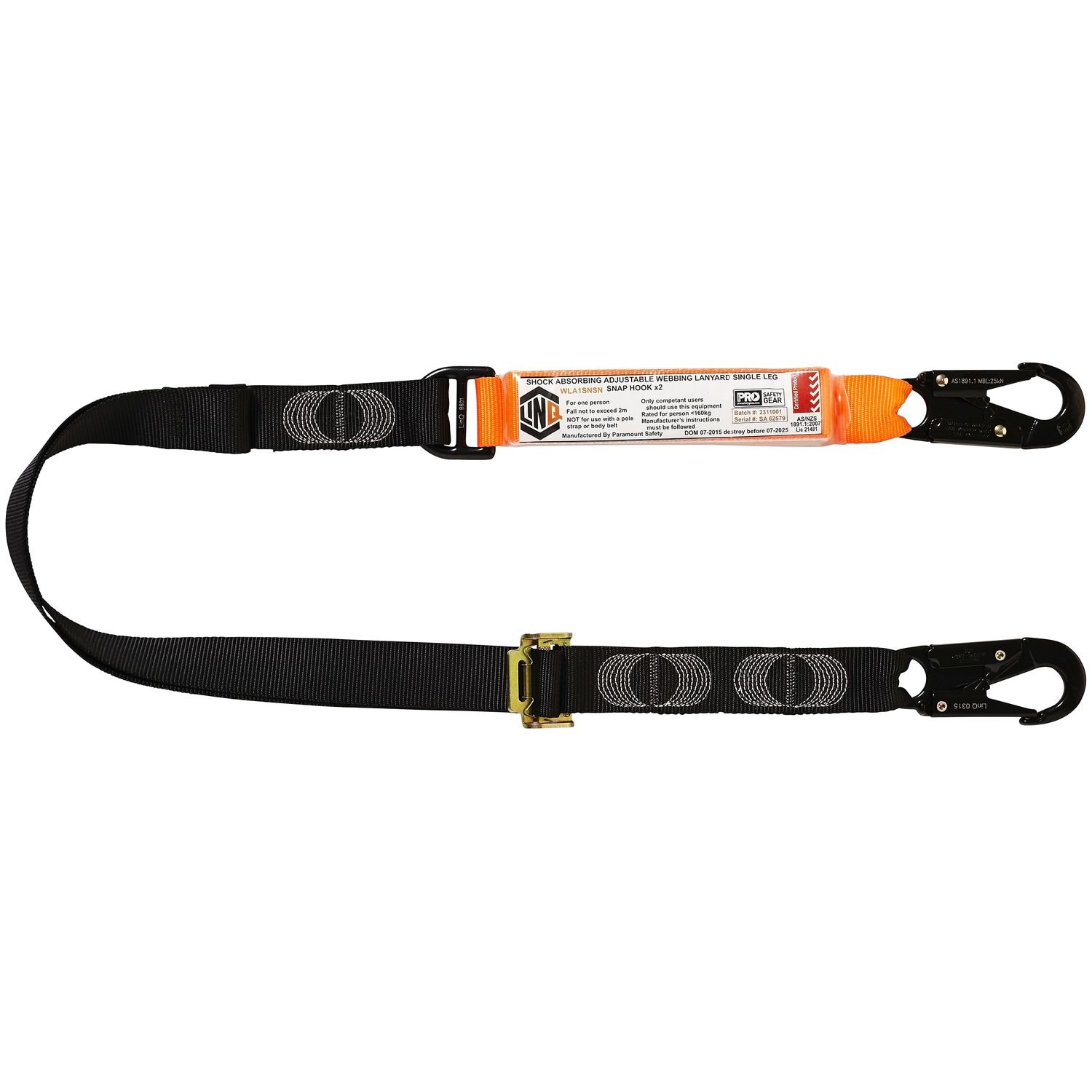 Adjustable Lanyard Single Leg, Snap Hooks