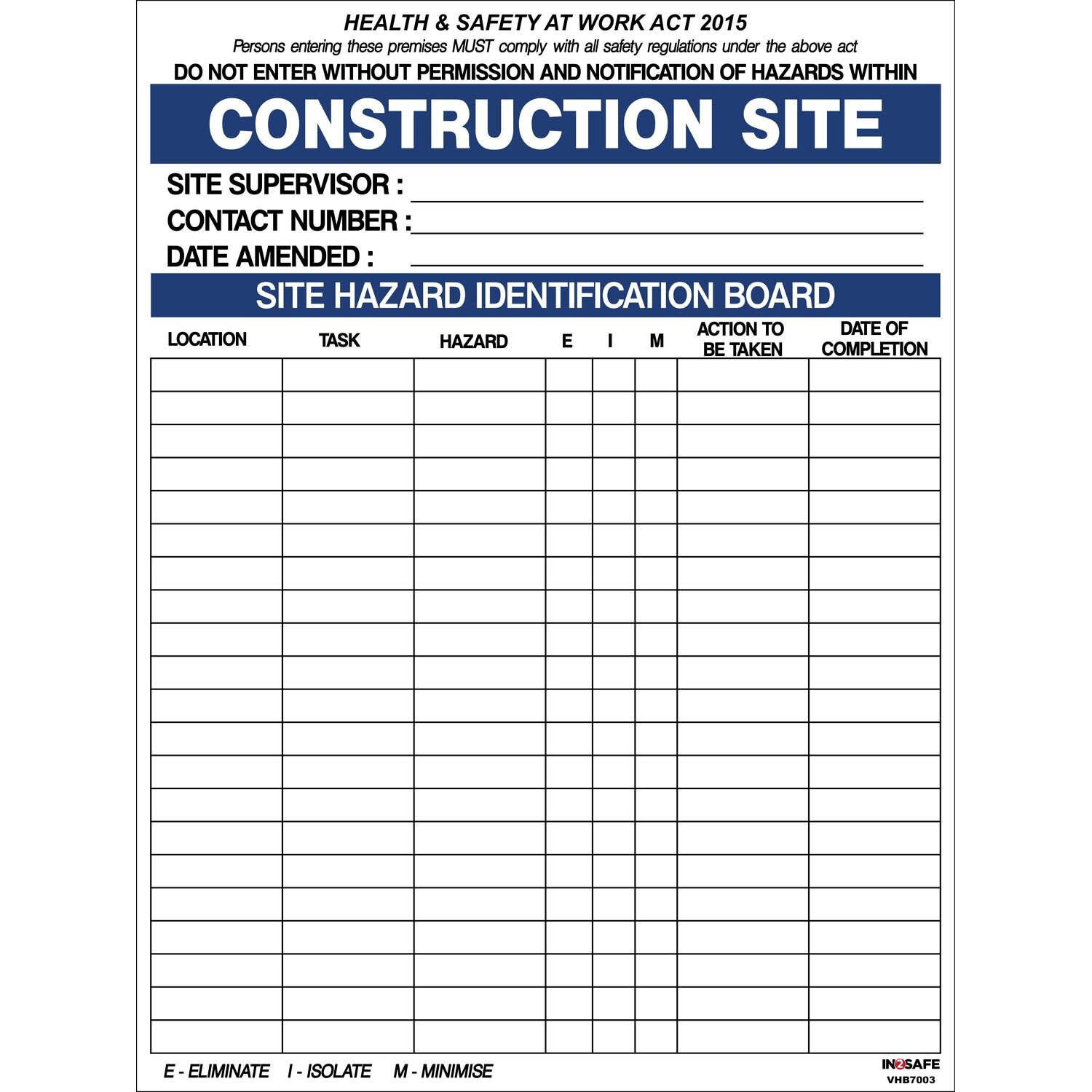 Construction Site Hazard Board ACM 600x800mm Cleanline Tasman