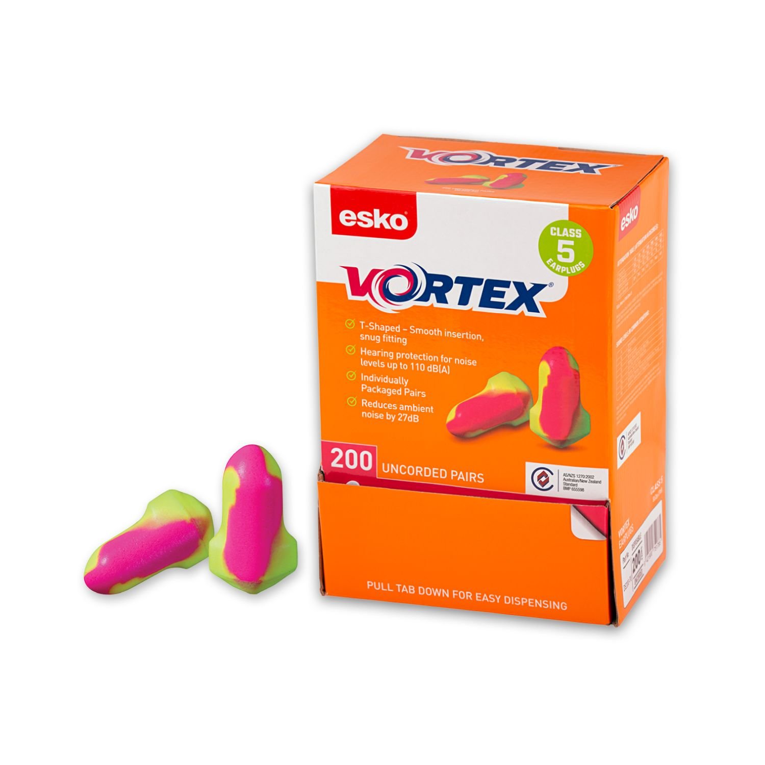 Esko Vortex Earplugs T-Shaped Uncorded Box 200 Pairs